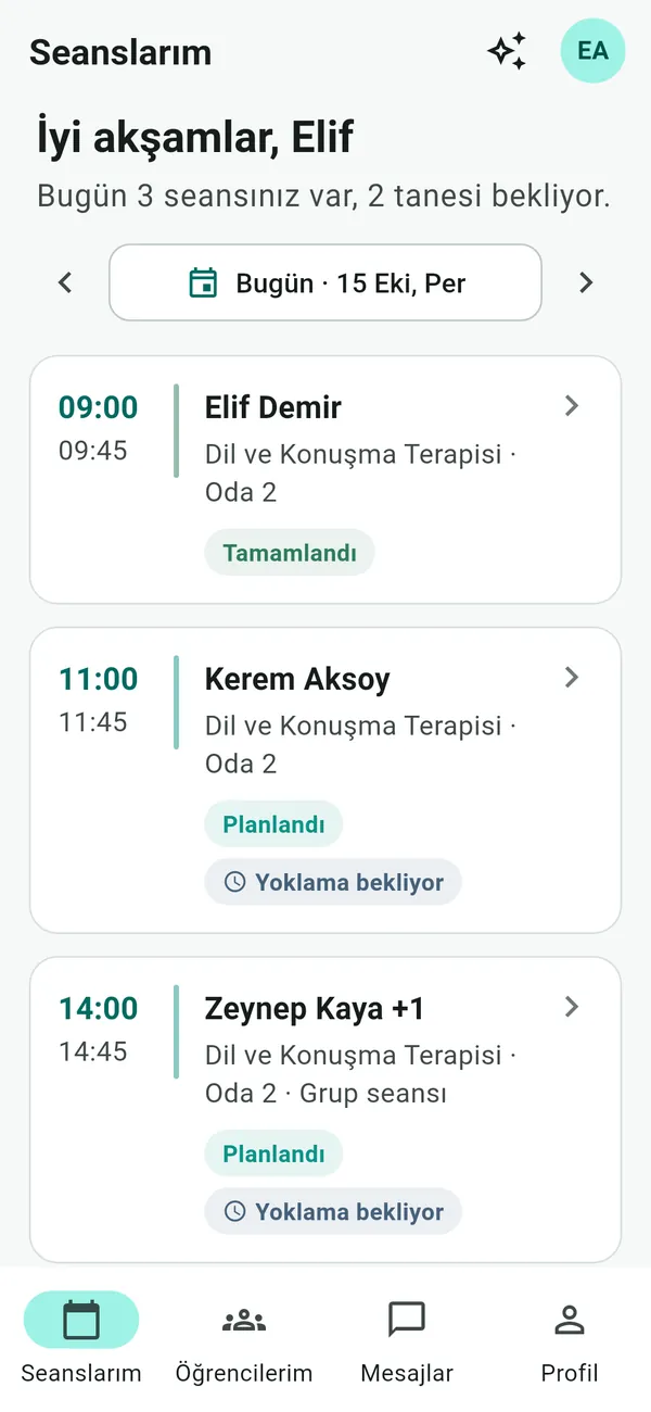 Mobil uygulama, öğretmen ekranı: günün seansları ve bekleyen yoklamalar