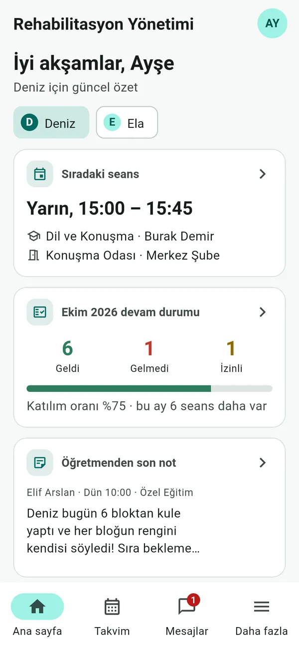 Mobil uygulama, veli ana sayfası: sıradaki seans, aylık devam durumu ve öğretmenden son not