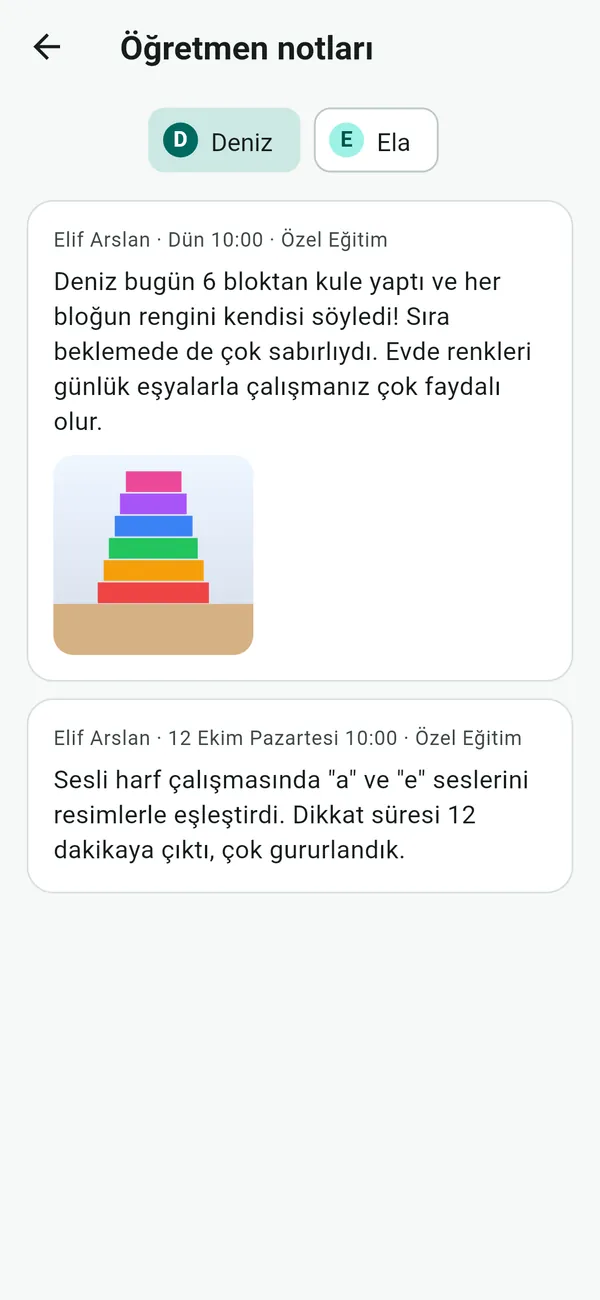 Mobil uygulama, veli ekranı: öğretmenin paylaştığı seans notları