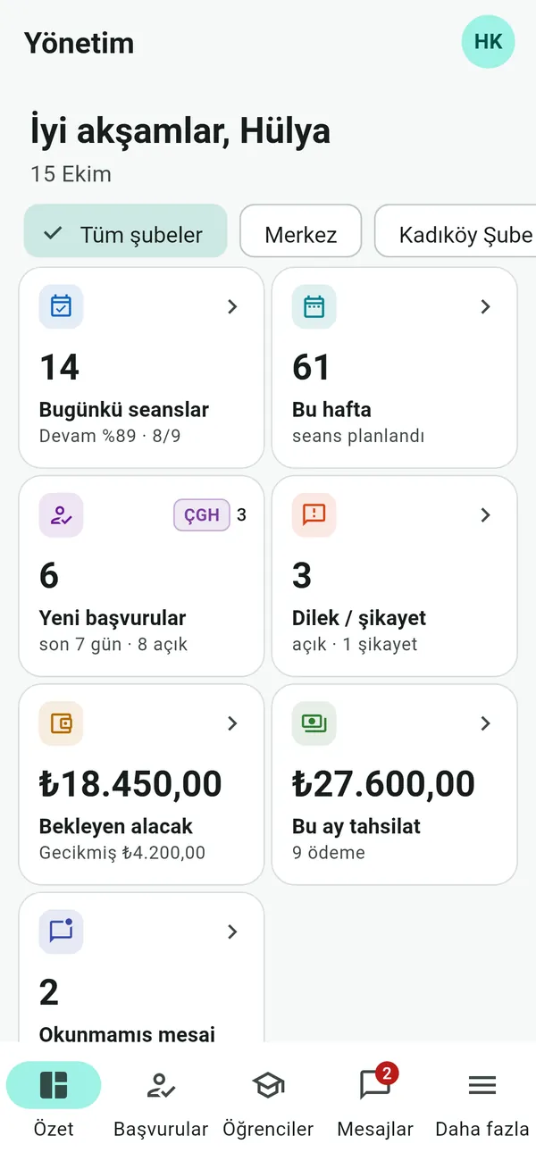 Mobil uygulama, yönetici özeti: şube seçimi, bugünkü seanslar, yeni başvurular ve dilek, şikâyetler