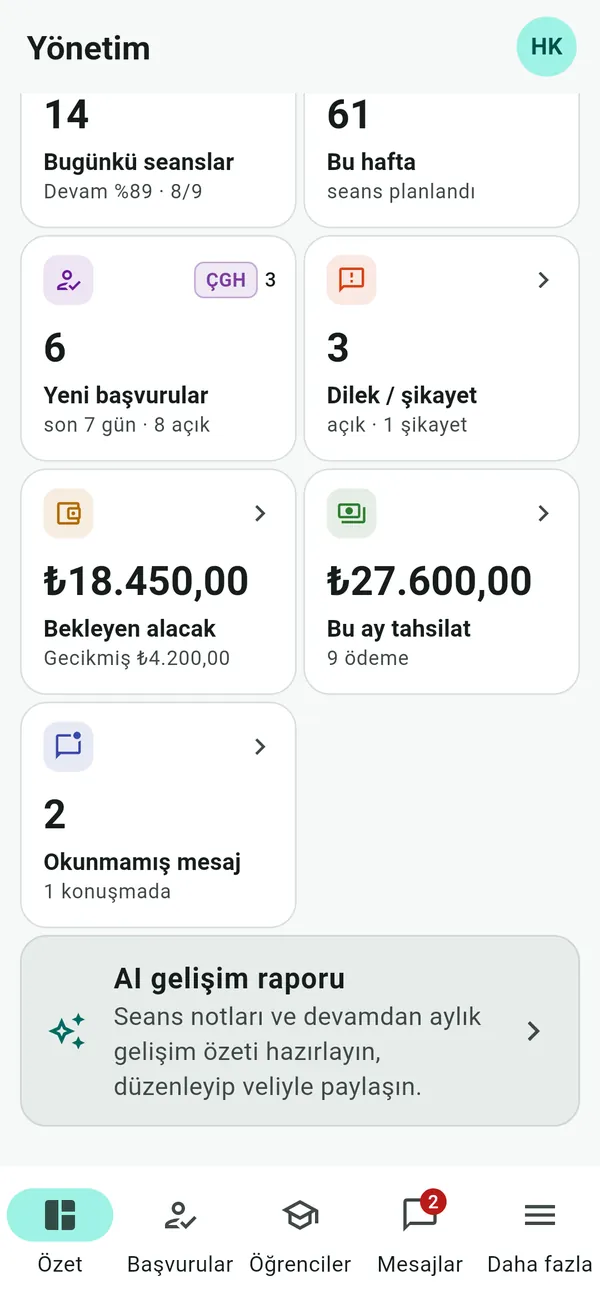 Mobil uygulama, yönetici özeti: bugünkü seanslar, yeni başvurular, bekleyen alacak ve bu ay tahsilat
